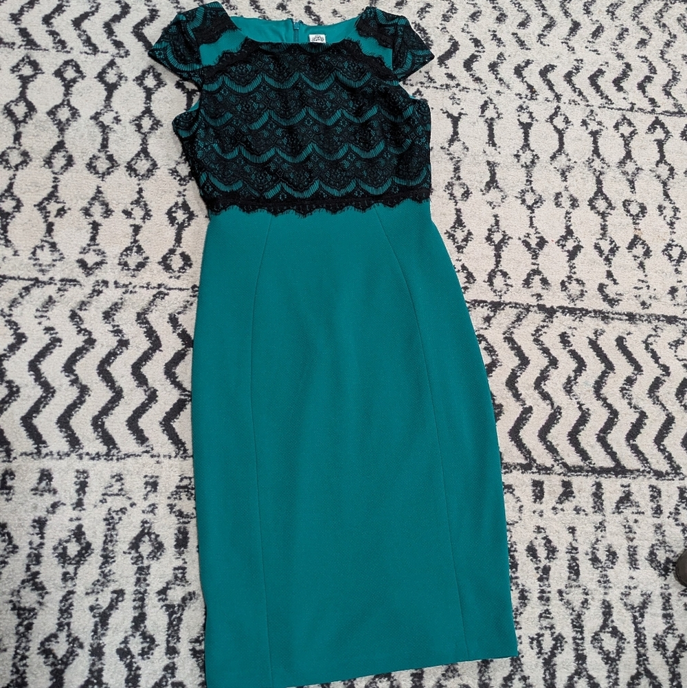 Signature by Sangria Teal Dress with Black Lace Overlay